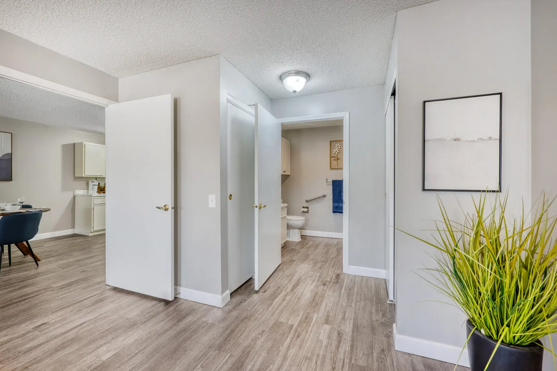 View of furnished living room and bathroom with plant.